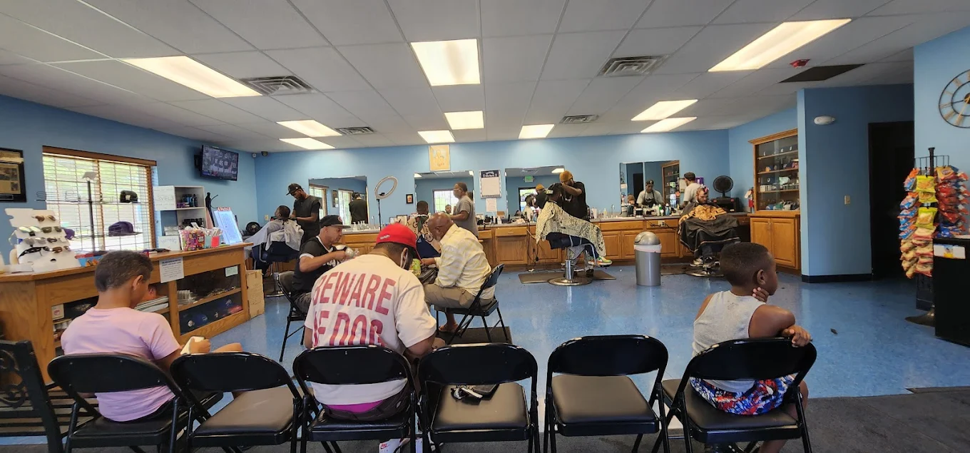 Interior of Jerrell's Barber Shop with blue walls